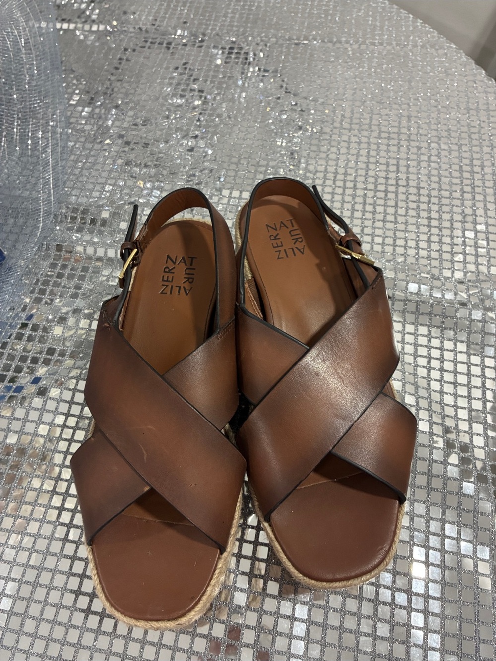 Naturalizer Brown Crisscross Leather Slingback Sandals